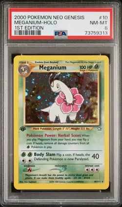 Pokemon TCG Meganium Neo Genesis 2000 10 Holo 1st Edition Holo Rare PSA 8 NM-MT - Image 1