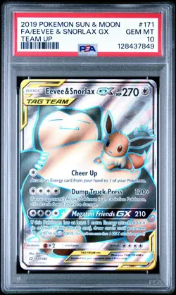 2019 POKEMON SUN & MOON TEAM UP #171 FULL ART/EEVEE & SNORLAX GX PSA 10 - Image 1
