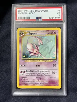 Pokemon TCG Espeon Holo 2001 Neo Discovery 1/75 Graded VG PSA 3 With SWIRL - Image 1