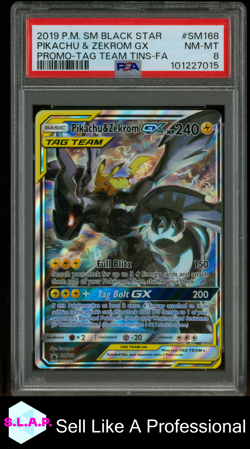 PIKACHU & ZEKROM GX PRM-TAG TEAM TINS-FA POKEMON SM BLCK STR 2019 SM168 PSA 8 - Image 1