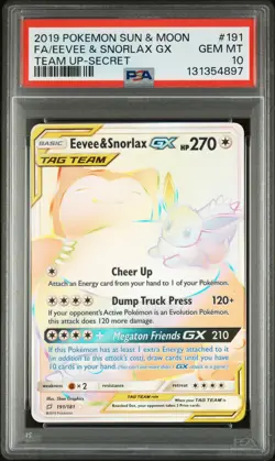 PSA 10 EEVEE & SNORLAX GX #191 FULL ART SECRET SUN & MOON TEAM UP 2019 POKEMON - Image 1