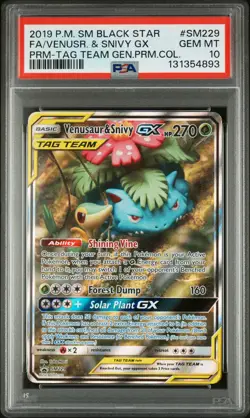 PSA 10 GEM Mint Venusr. & Snivy GX #SM229 Black Star Promo 2019 Pokemon - Image 1
