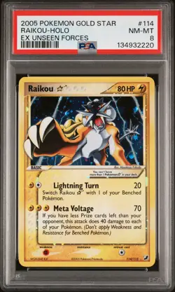 2005 POKEMON EX UNSEEN FORCES GOLD STAR #114 RAIKOU-HOLO PSA 8 - Image 1