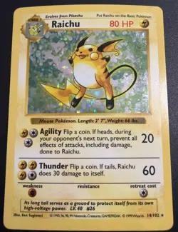 1999 Base Set Shadowless Raichu 14/102 Holo Foil Pokemon WotC Almost Perfect - Image 1