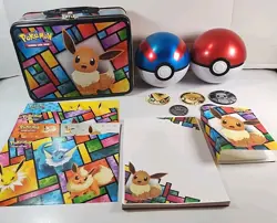 Pokemon Collectors Lot - Treasure Chest Tin, 2 PokeBall, Coins, Stickers, Pad - Image 1