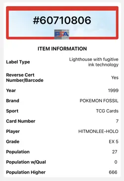 1999 Pokemon Fossil #7 Hitmonlee Holo PSA 5 EX - Image 5