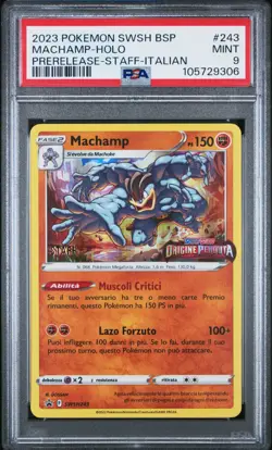 Pokemon PSA 9 Machamp #SWSH243 Holo Prerelease Staff Promo 2023 Italiano - Image 2