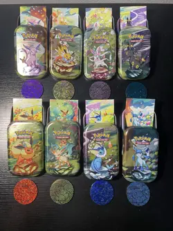 Pokemon Prismatic Evolutions Mini Tins Opened No Packs Full Set Of 8 w/ Coins - Image 1