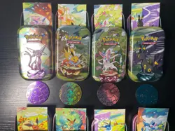 Pokemon Prismatic Evolutions Mini Tins Opened No Packs Full Set Of 8 w/ Coins - Image 2