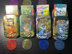 Pokemon Prismatic Evolutions Mini Tins Opened No Packs Full Set Of 8 w/ Coins - Image 3
