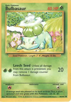 Bulbasaur 44/102 Base Set Pokemon Card 1999 WOTC Vintage Unlimited LP - Image 1