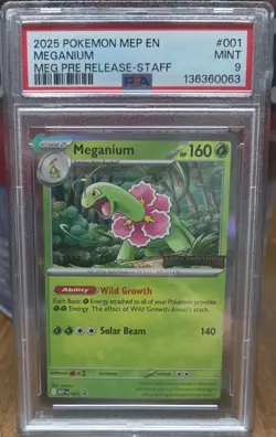 2025 POKEMON MEGA EVOLUTION PRERELEASE-STAFF PROMO #001 MEGANIUM PSA 9 - Image 1