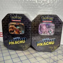 Pokemon 2019 Detective Pikachu Movie Charizard & Mewtwo GX Tin New Sealed Lot - Image 1
