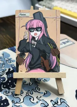 Hand Painted Altered Art Mtg land card Anime Plains Girl Rock - Image 1