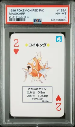 1996 POKEMON RED VERSION PLAYING CARDS 129A MAGIKARP 2 OF HEARTS PSA 8 - Image 1