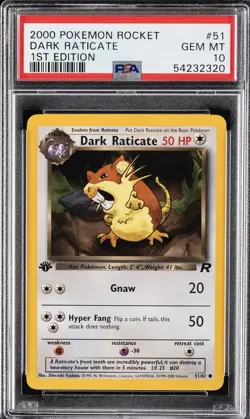 2000 Pokemon Dark Raticate 51/82 Team Rocket 1st Edition PSA 10 - Image 1
