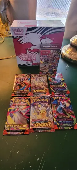 Pokemon TCG WHITE FLARE ETB, MEGA EVOLUTION BOOSTER BUNDLE, AND Extra 6 PACKS - Image 1