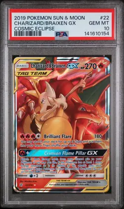 PSA 10 Charizard & Braixen GX #22 Pokemon Cosmic Eclipse English Tag Team Gem - Image 1