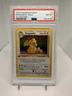 1999 POKEMON FOSSIL 1ST ED #4 DRAGONITE-HOLO PSA 8 - Image 1