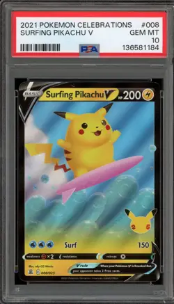 Pokemon Surfing Pikachu V Celebrations Holo Ultra Rare #008 PSA 10 Gem Mint - Image 1