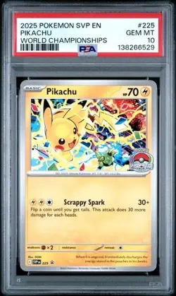 2025 POKEMON SVP EN-SV BLACK STAR PROMO 225 PIKACHU WORLD CHAMPIONSHIPS PSA 10 - Image 1