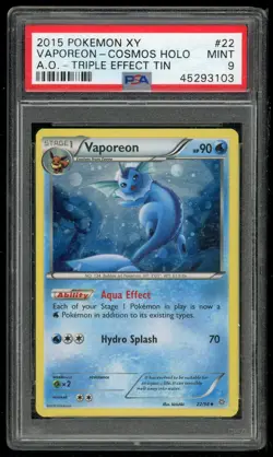 Pokemon TCG Vaporeon Cosmos Holo Triple Effect Tin #22 PSA 9 Mint - Image 1