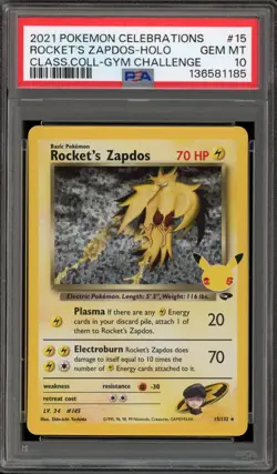 Pokemon Rocket's Zapdos Celebrations Classic Coll. Gym Challenge Holo #15 PSA 10 - Image 1