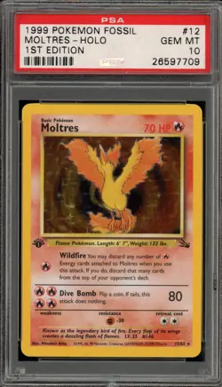 Pokemon Moltres Fossil 1st Edition Holo Rare #12 PSA 10 Gem Mint - Image 1