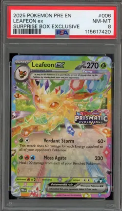 Pokemon Leafeon ex Prismatic Evolutions Surprise Bx. Exclusive #006 PSA 8 - Image 1