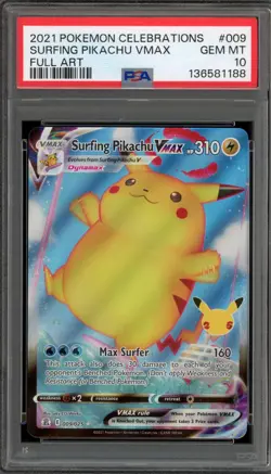 Pokemon Surfing Pikachu VMAX Celebrations Full Art #009 PSA 10 Gem Mint - Image 1