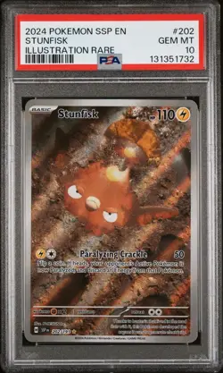 PSA 10 Stunfisk 202/191 Pokemon Surging Sparks Illustration Rare 2024 GEM MINT - Image 1