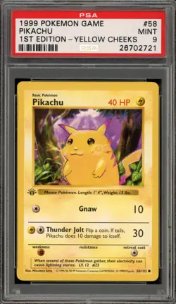 Pokemon Pikachu Base Set Shadowless 1st Edition Yellow Cheeks #58 PSA 9 Mint - Image 1