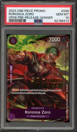 One Piece CCG Roronoa Zoro Pre-Release Winner Promo P-045 PSA 10 Gem Mint - Image 1