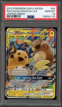 Pokemon Raichu & Alolan Raichu GX Unified Minds Holo Ultra Rare #54 PSA 10 - Image 1