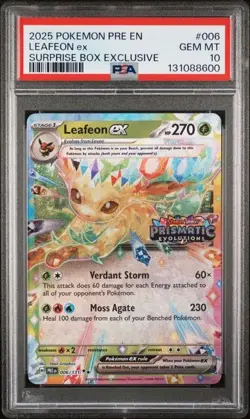 PSA 10 - 2025 Pokemon Prismatic Evolutions Suprise Box LEAFEON EX #006 (8600) - Image 1