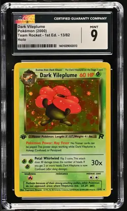 2000 Pokemon Dark Vileplume 13/82 Holo 1st Edition - CGC 9 Mint w/ Holo Swirl - Image 1