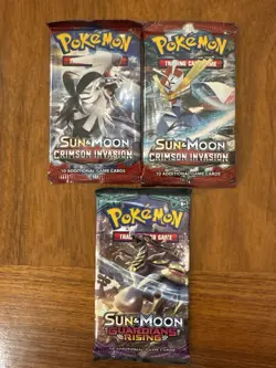 Pokemon Sun & Moon Booster Pack Lot (3) Crimson Invasion Guardians Rising Sealed - Image 1