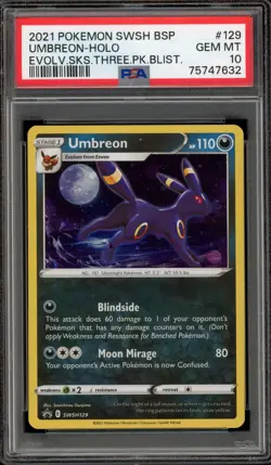 Pokemon Umbreon Evolving Skies 3 Pk. Blister Holo Promo SWSH129 PSA 10 - Image 1