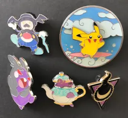 5 X Pokemon Pin Badge Surfing Flying Pikachu Morpeko Mr Rime Polteageist 2022 - Image 1