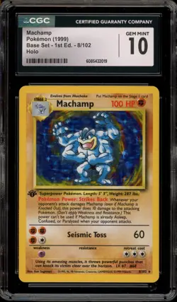Pokemon Machamp Base Set 1st Edition Holo Rare #8 CGC 10 Gem Mint - Image 1