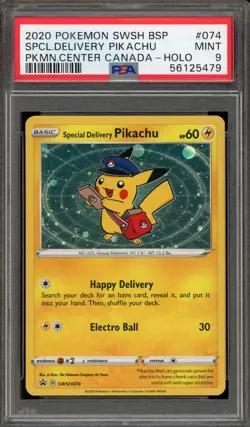 Pokemon Special Delivery Pikachu P.M. Center Canada Holo Promo SWSH074 PSA 9 - Image 1