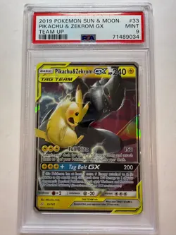 2019 POKEMON SUN & MOON TEAM UP #33 PIKACHU & ZEKROM GX PSA 9 - Image 1