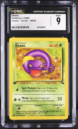 CGC MINT 9 Pokemon Ekans 46/62 1999 Fossil 1st Edition - Image 1