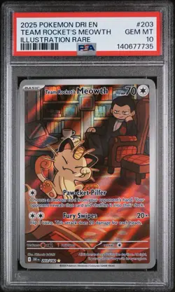 2025 POKEMON DESTINED RIVALS ILLUSTRATION RARE #203 TEAM ROCKET'S MEOWTH PSA 10 - Image 1