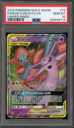 Pokemon Espeon & Deoxys GX Unified Minds Holo Ultra Rare #72 PSA 10 Gem Mint - Image 1