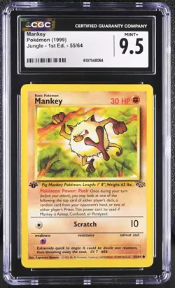 CGC MINT+ 9.5 Pokemon Mankey 55/64 1999 Jungle 1st Edition - Image 1