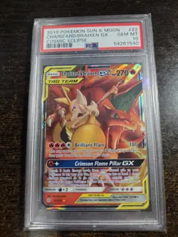 2019 Cosmic Eclipse CHarizard & Braixen GX Tag Team Card 22/236 Graded PSA 10 - Image 1