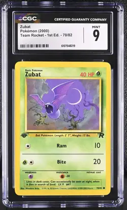 CGC MINT 9 Pokemon Zubat 70/82 2000 Team Rocket 1st Edition - Image 1