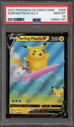 Pokemon Surfing Pikachu V Celebrations Holo Ultra Rare #008 PSA 10 Gem Mint - Image 1