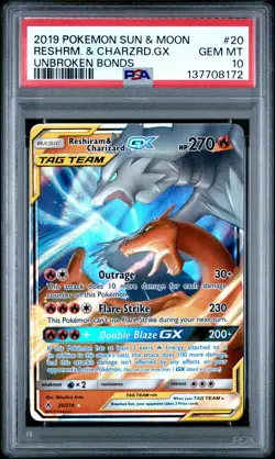 2019 POKEMON SUN & MOON UNBROKEN BONDS #20 RESHIRAM & CHARIZARD GX PSA 10 - Image 1